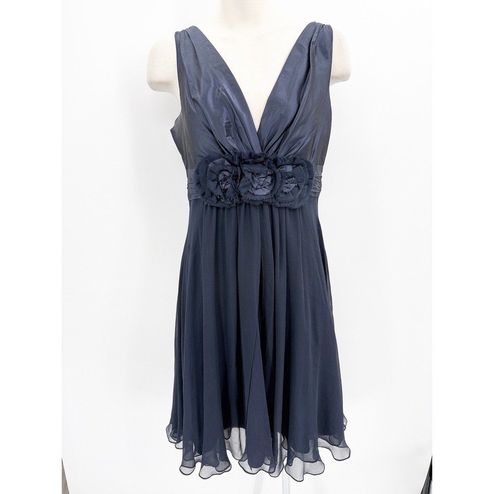 Rickie Freeman Teri Jon Navy Blue 100% Silk Floral Rosette Cocktail Dress 12